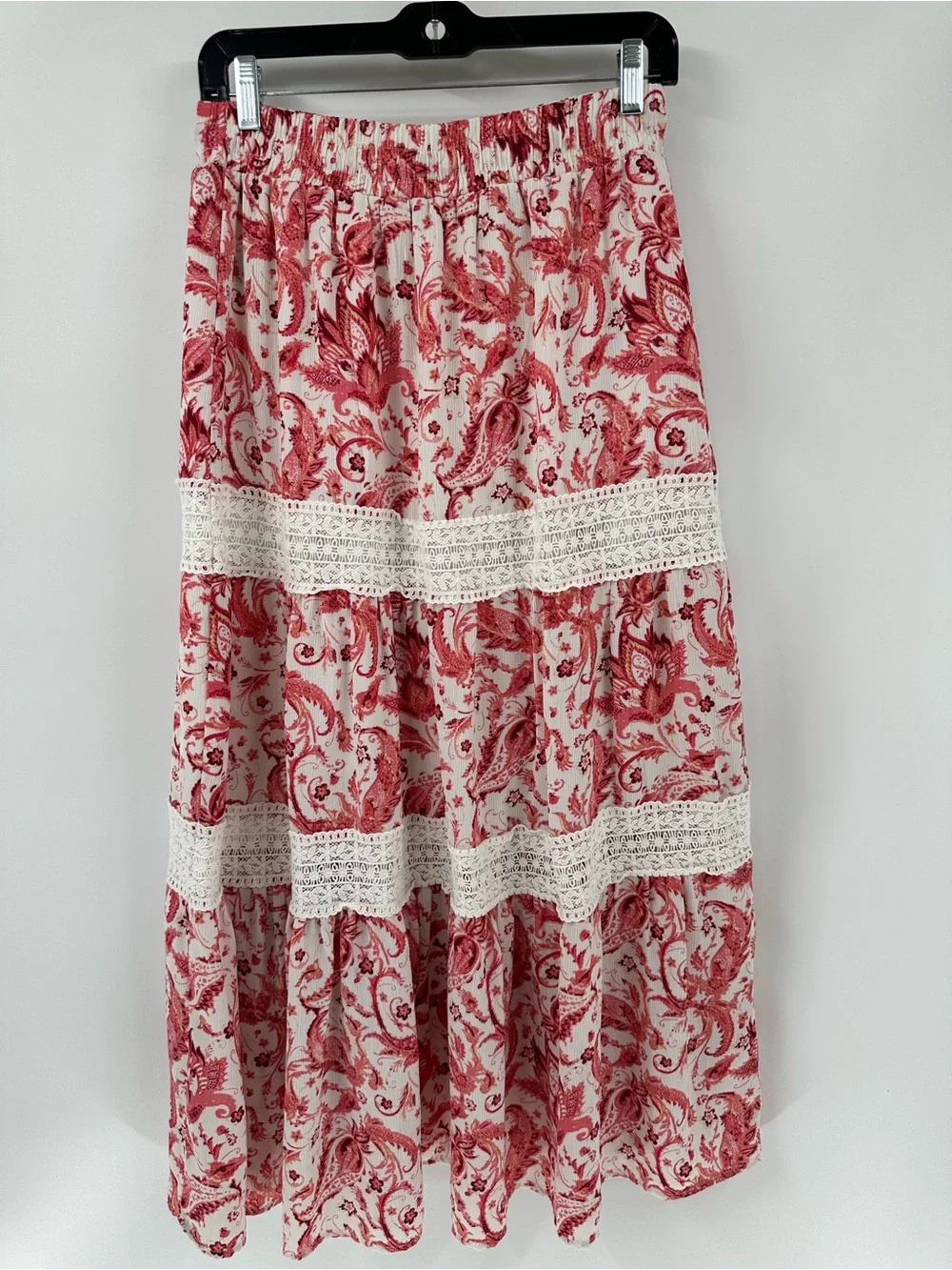 Frye Red Paisley Tiered Midi Skirt with Cream Crochet Trim Western Festival